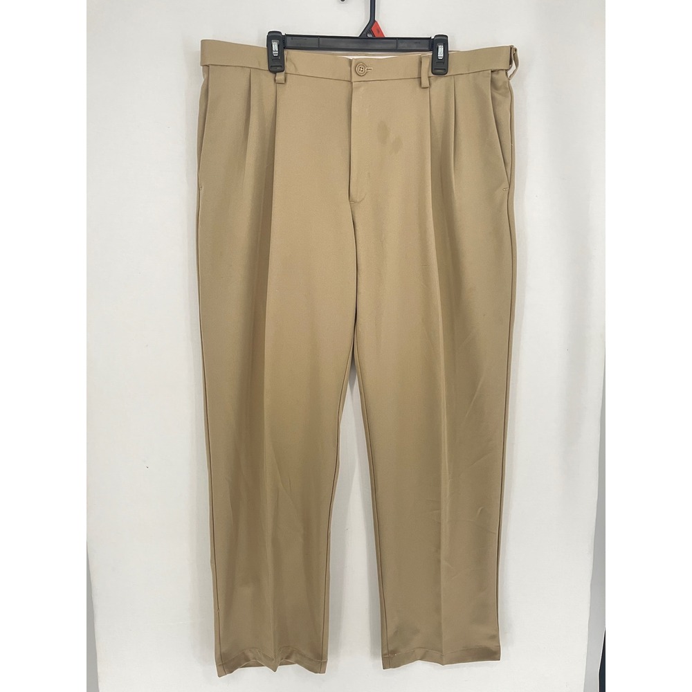 Haggar Pleated Dress Pants Mens 38x32 Tan Khaki Polyester Trousers 2790